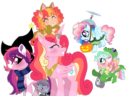 Size: 1700x1297 | Tagged: safe, artist:unoriginai, gummy, princess cadance, tank, oc, oc:candy floss, oc:lavender parley, oc:monochrome mayhem, oc:party popper, oc:pop rocks, oc:sugar crash, candy, clothes, cosplay, costume, cute, fake horn, food, hat, interdimensional siblings, magical lesbian spawn, nightmare night, offspring, parent:pinkie pie, parent:rainbow dash, parents:pinkiedash, ravenclaw, witch hat