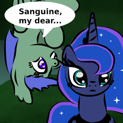 Size: 1024x1024 | Tagged: safe, artist:platinumdrop, princess luna, oc, oc:aurora dew, bat pony, speech bubble