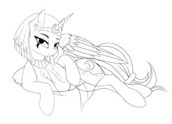 Size: 1046x754 | Tagged: safe, artist:lightly-san, princess luna, alicorn, pony, chest fluff, clothes, ear piercing, female, humanoid torso, lineart, looking at you, lunambula, mare, monochrome, piercing, sketch, smiling, solo, wip