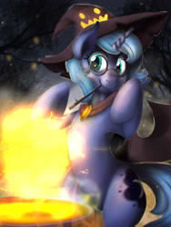 Size: 3000x4000 | Tagged: safe, artist:blackligerth, princess luna, alicorn, pony, cauldron, female, glasses, hat, magic, s1 luna, solo, wand, witch, witch hat