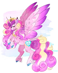 Size: 968x1224 | Tagged: safe, artist:wanderingpegasus, princess cadance, alicorn, pony, blushing, chest fluff, cloven hooves, crown, cute, cutedance, cutie mark, female, fluffy, jewelry, mare, pale belly, peytral, regalia, simple background, smiling, solo, spread wings, tail feathers, unshorn fetlocks, white background, wings