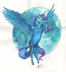 Size: 1024x1117 | Tagged: safe, artist:sagastuff94, princess luna, alicorn, pony, ethereal mane, female, flying, hoers, mare, moon, realistic anatomy, realistic horse legs, solo, spread wings, starry mane, traditional art, watercolor painting, wings