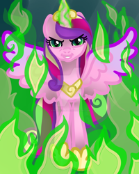 Size: 800x1000 | Tagged: safe, artist:koharuveddette, princess cadance, queen chrysalis, alicorn, changeling, changeling queen, pony, a canterlot wedding, disguise, disguised changeling, fake cadance, fire, green fire, solo