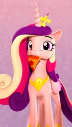 Size: 2304x4096 | Tagged: safe, artist:flushthebatsanta, princess cadance, alicorn, pony, 3d, abstract background, cute, cutedance, eating, female, food, looking at you, mare, meat, mouth hold, peetzer, pepperoni, pepperoni pizza, pizza, ponies eating meat, puffy cheeks, silly, silly pony, smiling, solo, source filmmaker, that pony sure does love pizza