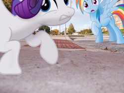 Size: 1024x764 | Tagged: safe, artist:nikorurene, rainbow dash, rarity, building, irl, photo, ponies in real life, shadow, sidewalk, tree, vector