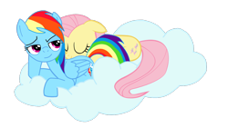 Size: 1024x577 | Tagged: safe, fluttershy, rainbow dash, pegasus, pony, cloud, female, flutterdash, lesbian, shipping, simple background, sleeping, transparent background, vector