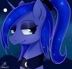 Size: 2260x2160 | Tagged: safe, artist:dashy21, princess luna, alicorn, pony, alternate hairstyle, bust, ear piercing, eyeshadow, female, goth, lidded eyes, makeup, mare, moon, night, piercing, ponytail