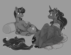 Size: 1664x1284 | Tagged: artist needed, safe, princess luna, twilight sparkle, unicorn twilight, alicorn, pony, unicorn, duo, eye contact, female, gray background, grayscale, leaning, lesbian, looking at each other, mare, monochrome, pillow, realistic horse legs, shipping, simple background, twiluna
