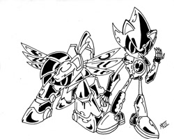 Size: 1000x800 | Tagged: safe, artist:maroxxiii, rainbow dash, pegasus, pony, crossover, metal dash, metal sonic, monochrome, sonic the hedgehog (series), traditional art