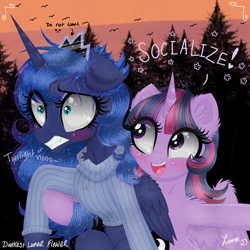 Size: 3500x3500 | Tagged: safe, artist:darkest-lunar-flower, princess luna, twilight sparkle, twilight sparkle (alicorn), alicorn, pony, belly button, blushing, chest fluff, clothes, commission, crown, duo, evening, eyelashes, eyeshadow, female, high res, introversion, jewelry, makeup, mare, missing accessory, necklace, regalia, signature, sweat, sweater