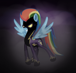 Size: 1183x1146 | Tagged: safe, artist:myhysteria, rainbow dash, pegasus, pony, clothes, costume, goggles, shadowbolt dash, shadowbolts, shadowbolts costume, smiling, smirk, solo