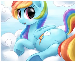 Size: 2460x2010 | Tagged: safe, artist:steffy-beff, rainbow dash, pegasus, pony, cloud, cloudy, cute, dashabetes, high res, looking at you, looking back, looking back at you, on a cloud, solo