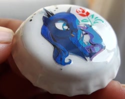 Size: 506x399 | Tagged: safe, princess luna, tiberius, alicorn, opossum, pony, bottlecap, craft, flower, rose