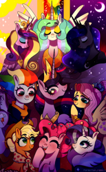 Size: 3700x6000 | Tagged: safe, artist:forgottenrabbit28blr, applejack, fluttershy, pinkie pie, princess cadance, princess celestia, princess luna, princess twilight 2.0, rainbow dash, rarity, twilight sparkle, twilight sparkle (alicorn), alicorn, bird, duck, earth pony, pegasus, pony, unicorn, season 9, the last problem, absurd resolution, alicorn tetrarchy, alternate hairstyle, bags under eyes, candy, cloud, confetti, cowboy hat, crown, day, end of ponies, food, granny smith's shawl, grey hair, hat, jewelry, laughing, lollipop, looking down, looking up, mane six, moon, night, older, older applejack, older fluttershy, older mane six, older pinkie pie, older rainbow dash, older rarity, older twilight, rainbow, regalia, shawl, smiling, sparkles, spoiler, spread wings, stars, stetson, sun, wings