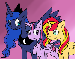 Size: 991x776 | Tagged: safe, artist:cmara, princess luna, sunset shimmer, twilight sparkle, twilight sparkle (alicorn), alicorn, pony, female, lesbian, looking at each other, lunashimmer, lunashimmerlight, polyamory, shipping, sunsetsparkle, twiluna