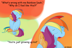 Size: 1000x660 | Tagged: safe, artist:caluriri, rainbow dash, scootaloo, pegasus, pony, crying, dialogue, hug, text