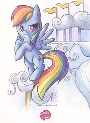 Size: 639x867 | Tagged: safe, artist:agnesgarbowska, rainbow dash, pegasus, pony, blue coat, female, mare, multicolored mane, simple background, solo, white background, wings