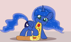 Size: 1000x600 | Tagged: safe, artist:empyu, princess luna, alicorn, pony, cute, eating, female, filly, food, lunabetes, pizza, solo, woona, younger