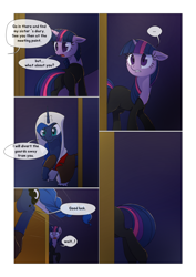 Size: 1024x1448 | Tagged: safe, artist:gashiboka, princess luna, twilight sparkle, unicorn twilight, alicorn, pony, unicorn, comic:scar of solar, assassin's creed, bodysuit, comic, female, mare, twibutt