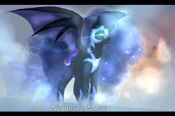 Size: 3000x1980 | Tagged: safe, artist:sora-choi, nightmare moon, princess luna, alicorn, bat pony, pony, bat ponified, bat wings, constellation, cutie mark, ethereal mane, female, jewelry, letterboxing, lunabat, mare, race swap, regalia, scene interpretation, solo, spread wings, starry mane, text, wing claws, wings