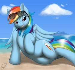 Size: 2500x2354 | Tagged: safe, artist:skipsy, rainbow dash, pegasus, pony, beach, female, mare, outdoors, pose, smiling, solo, sultry pose, sunglasses