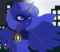 Size: 4375x3750 | Tagged: safe, artist:flamingqueen666, princess luna, anthro, city, clothes, female, solo, superhero