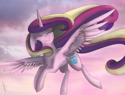 Size: 4562x3456 | Tagged: safe, artist:0pencil0and0rood0, princess cadance, alicorn, pony, cloud, cute, cutedance, eyes closed, female, floppy ears, flying, high res, mare, sky, solo, spread wings, wings