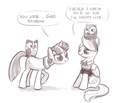 Size: 1000x808 | Tagged: dead source, safe, artist:naroclie, owlowiscious, rainbow dash, twilight sparkle, owl, pegasus, pony, alternate hairstyle, bowtie, clothes, dialogue, female, grayscale, lesbian, monochrome, pets, rainbow dash always dresses in style, scene interpretation, shipping, sweater, twidash