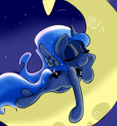 Size: 2731x2917 | Tagged: safe, artist:catlion3, princess luna, alicorn, pony, crescent moon, floating wings, meteor, moon, sleeping, smiling, solo, stars, tangible heavenly object, transparent moon