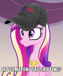 Size: 500x600 | Tagged: safe, edit, edited screencap, screencap, princess cadance, alicorn, pony, games ponies play, baseball cap, cap, caption, cropped, fedex, female, hat, image macro, literal shipping, mare, princess of love, princess of shipping, reaction image, shipper on deck, shipping, solo, text, visual gag