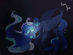 Size: 2309x1732 | Tagged: safe, artist:zortie, princess luna, alicorn, pony, dark background, female, glowing eyes, horn, simple background, slit eyes, solo, wings