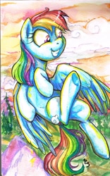 Size: 2016x3237 | Tagged: safe, artist:buttercupsaiyan, artist:fyre-flies, rainbow dash, pegasus, pony, female, flying, mare, smiling, solo, underhoof