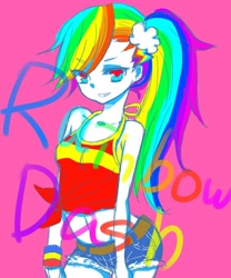 Size: 500x600 | Tagged: safe, artist:yuzuko, rainbow dash, equestria girls, belly button, clothes, daisy dukes, front knot midriff, humanized, midriff, pixiv, ponytail, psychedelic, shorts, solo, spaghetti top