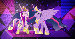 Size: 4096x2160 | Tagged: safe, artist:ejlightning007arts, artist:jordila-forge, artist:laszlvfx, edit, princess cadance, princess twilight 2.0, twilight sparkle, twilight sparkle (alicorn), alicorn, pony, the last problem, cutie mark, ethereal mane, high res, older, older cadance, older princess cadance, older twilight, one eye closed, raised hoof, starry mane, wallpaper, wallpaper edit, wink