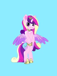 Size: 1100x1465 | Tagged: safe, artist:siripim111, princess cadance, alicorn, pony, semi-anthro, bipedal, blaze (coat marking), chest fluff, coat markings, colored wings, crown, cute, cutedance, cutie mark, female, hoof shoes, jewelry, looking at you, mare, multicolored wings, regalia, simple background, smiling, solo, standing, wings