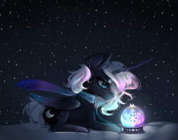 Size: 1900x1500 | Tagged: safe, artist:nutellaakanutella, princess luna, alicorn, pony, alternate hair color, constellation, female, mare, snow, snow globe, snowflake, solo