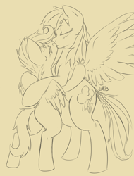 Size: 1280x1685 | Tagged: safe, artist:hobbsmeerkat, rainbow dash, scootaloo, pegasus, pony, bipedal, blushing, female, kissing, lesbian, lineart, monochrome, scootadash, shipping