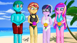 Size: 960x540 | Tagged: safe, artist:pabrony83, dean cadance, princess cadance, sci-twi, sunset shimmer, twilight sparkle, oc, oc:azure glide, equestria girls, alternate hairstyle, beach, blushing, bouquet, breasts, butt tattoo, cleavage, clothes, cutie mark, female, flower, glasses, lesbian, marriage, scitwishimmer, shipping, sideboob, sunsetsparkle, swimsuit, wedding