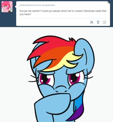 Size: 650x703 | Tagged: safe, rainbow dash, pegasus, pony, ask-rd, blue coat, female, mare, multicolored mane, solo, tumblr