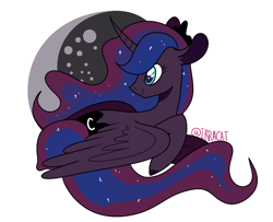 Size: 1600x1300 | Tagged: safe, artist:1racat, princess luna, alicorn, pony, abstract background, curved horn, female, horn, lying down, mare, smiling, solo