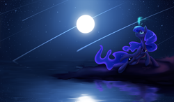 Size: 3600x2100 | Tagged: safe, artist:bronyseph, princess luna, alicorn, pony, cute, female, full moon, glowing horn, high res, looking up, lunabetes, magic, mare, moon, night, night sky, ocean, peytral, raised hoof, reflection, shooting star, shooting stars, signature, sky, smiling, solo, starry night, water