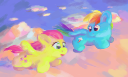 Size: 1000x600 | Tagged: safe, artist:danielpon, fluttershy, rainbow dash, pegasus, pony, female, flying, mare, wings