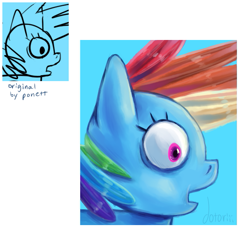 Size: 633x589 | Tagged: safe, artist:dotoriii, artist:ponett, rainbow dash, pegasus, pony, blue coat, female, mare, multicolored mane, solo