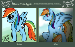 Size: 990x625 | Tagged: dead source, safe, artist:pedoren, rainbow dash, pegasus, pony, blue coat, comparison, female, mare, multicolored mane, solo