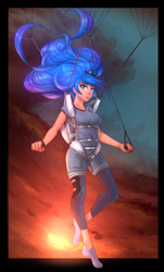 Size: 1920x3173 | Tagged: safe, artist:jonfawkes, artist:vest, princess luna, human, collaboration, clothes, commission, context needed, cutie mark clothes, female, humanized, leggings, parachute, shirt, shorts, skydiving, solo, sunset, t-shirt