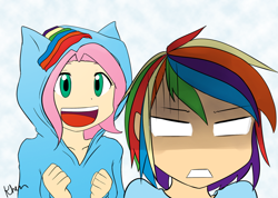 Size: 1024x731 | Tagged: safe, artist:kprovido, fluttershy, rainbow dash, clothes, custom, hoodie, humanized, merchandise