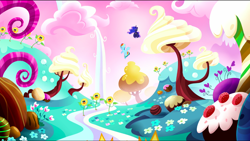 Size: 1440x813 | Tagged: safe, screencap, princess luna, rainbow dash, alicorn, pegasus, pony, do princesses dream of magic sheep, dream, dream walker luna, ethereal mane, female, flower, flying, mare, nightmare, nightmare sunflower, pink sky, scenery, sunflower, tree