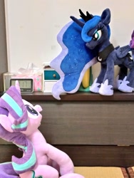 Size: 768x1024 | Tagged: safe, artist:nekokevin, princess luna, starlight glimmer, alicorn, pony, unicorn, series:nekokevin's glimmy, cute, duo, female, glimmerbetes, hoof shoes, irl, looking at each other, mare, open mouth, peytral, photo, plushie, regalia, sitting, smiling