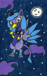 Size: 1464x2343 | Tagged: safe, artist:eternaljonathan, princess luna, griffon, deviantart, flying, griffonized, moon, night, species swap, traditional art