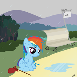 Size: 4002x4000 | Tagged: safe, artist:crimsonlynx97, rainbow dash, pegasus, pony, bench, bindle, cute, filly, filly rainbow dash, frown, homeless, puddle, rain, sad, sitting, solo, wet